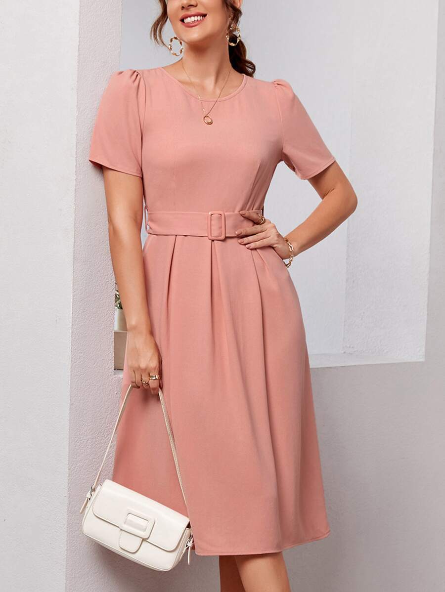 SHEIN Clasi Vestido con cinturón unicolor de cuello redondo - Rosa vieja - Ver 1