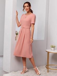 SHEIN Clasi Vestido con cinturón unicolor de cuello redondo - Rosa vieja - Ver 4