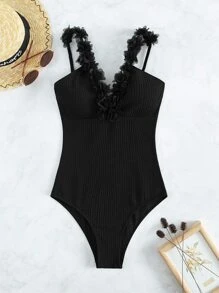 SHEIN Swim Appliques Cut Out Back One Piece Swimsuit, For Summer Beach Vacation - Black - View 7