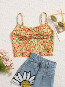 SHEIN 青少年女孩小碎花胸部褶皺吊帶上衣