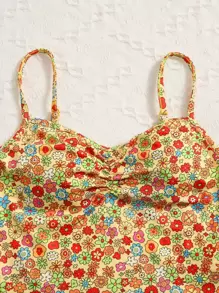 SHEIN 青少年女孩小碎花胸部褶皺吊帶上衣