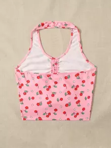 SHEIN 青少年女孩櫻桃圖案褶邊掛脖上衣 - 淺粉色 - 查看 2