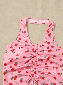 SHEIN 青少年女孩櫻桃圖案褶邊掛脖上衣 - 淺粉色 - 查看 3