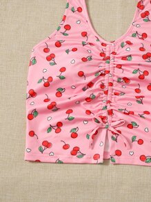 SHEIN 青少年女孩櫻桃圖案褶邊掛脖上衣 - 淺粉色 - 查看 4