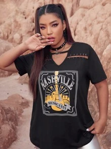 Flirla 大碼西部風格字母和吉他印花別針細節鎖眼領T恤 - 黑色 - 查看 3