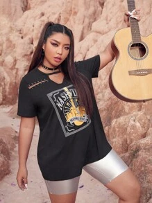 Flirla 大碼西部風格字母和吉他印花別針細節鎖眼領T恤 - 黑色 - 查看 5