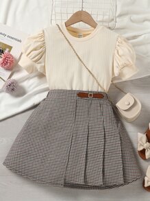 Sparklyn 青少女肋骨針織泡泡袖t恤和格紋百褶裙套裝（不含袋子）