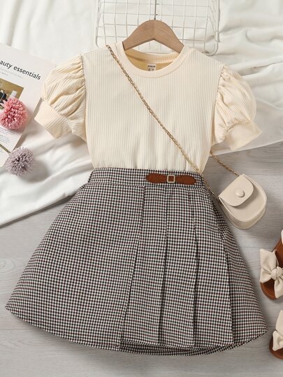 Camiseta Manga Inflada De Punto Acanalado Para Niña Y Falda Escocesa Plisada Sin Bolsa