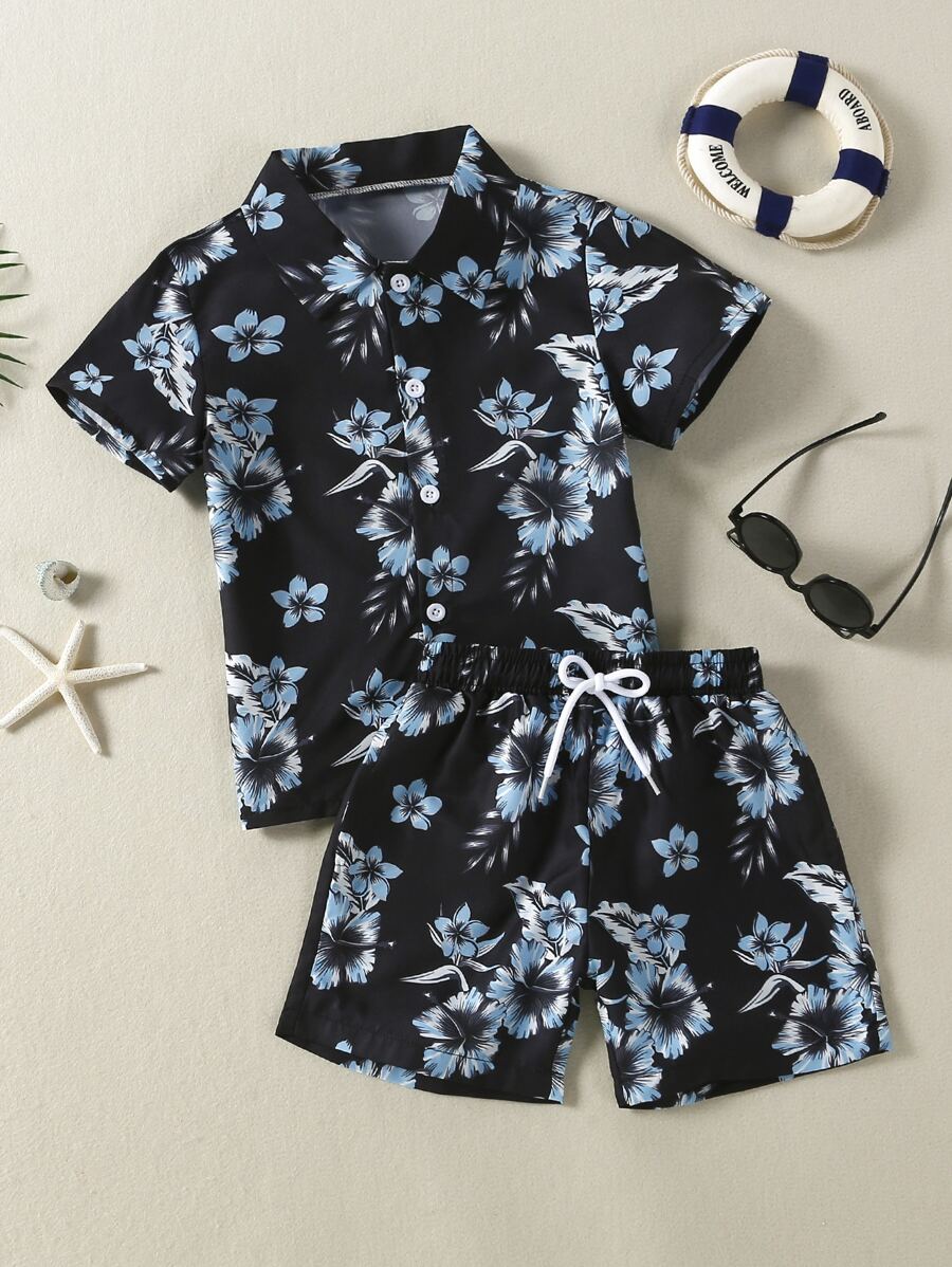 Young Boy Floral Button Beach Swimsuit - Multicolor - View 1