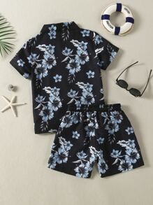 Young Boy Floral Button Beach Swimsuit - Multicolor - View 2
