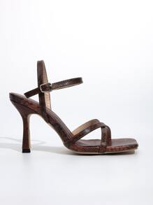 Snakeskin Thin Strap Stiletto Heeled Sandals Winter Gifts - Brown - View 5