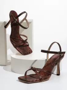 Snakeskin Thin Strap Stiletto Heeled Sandals Winter Gifts - Brown - View 7