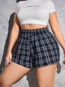 SHEIN EZwear Plus Plaid High Waist Shorts - Navy Blue - View 3