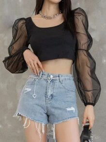 DAZY 对比色网眼灯笼袖短款上衣外出上衣节日透明长袖女式上衣，秋季女装 - 黑色 - 查看 1