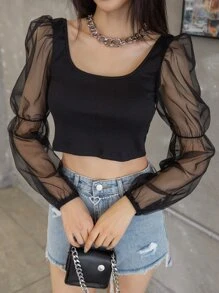 DAZY 对比色网眼灯笼袖短款上衣外出上衣节日透明长袖女式上衣，秋季女装 - 黑色 - 查看 3
