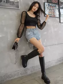 DAZY 对比色网眼灯笼袖短款上衣外出上衣节日透明长袖女式上衣，秋季女装 - 黑色 - 查看 6