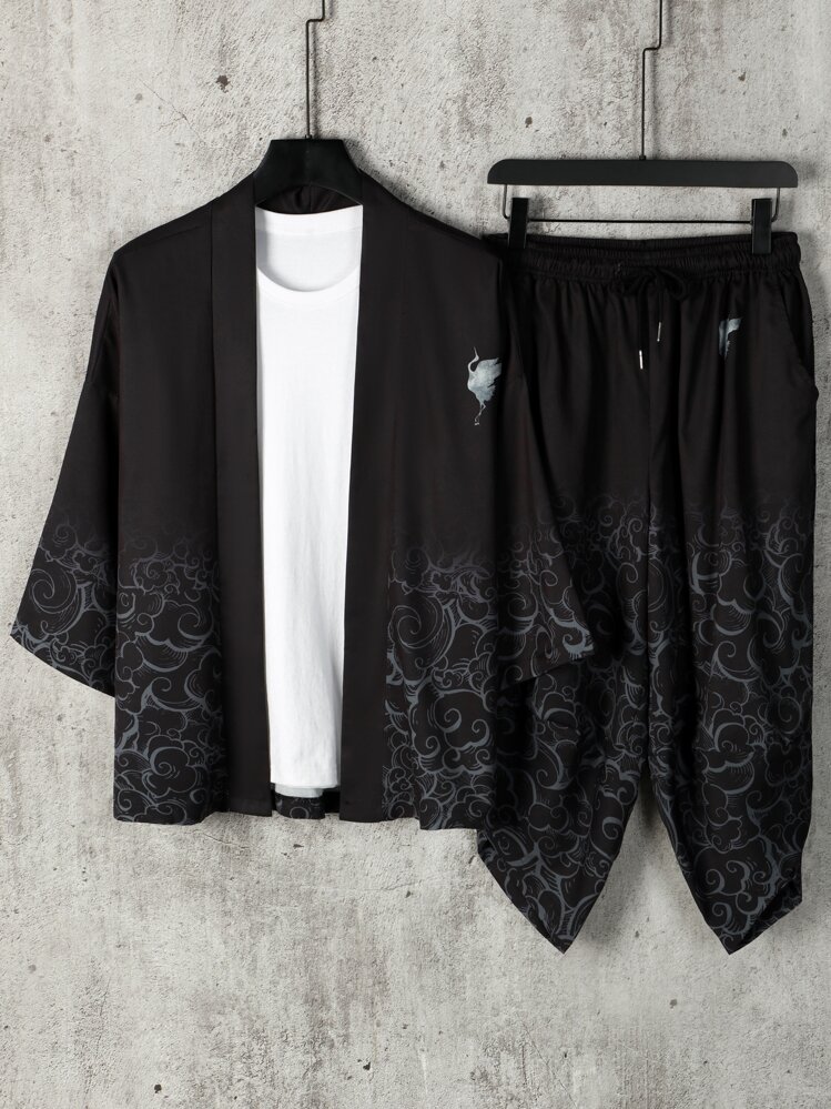 Manfinity LEGND Men Crane Print Kimono & Pants Without Tee - Black - View 2