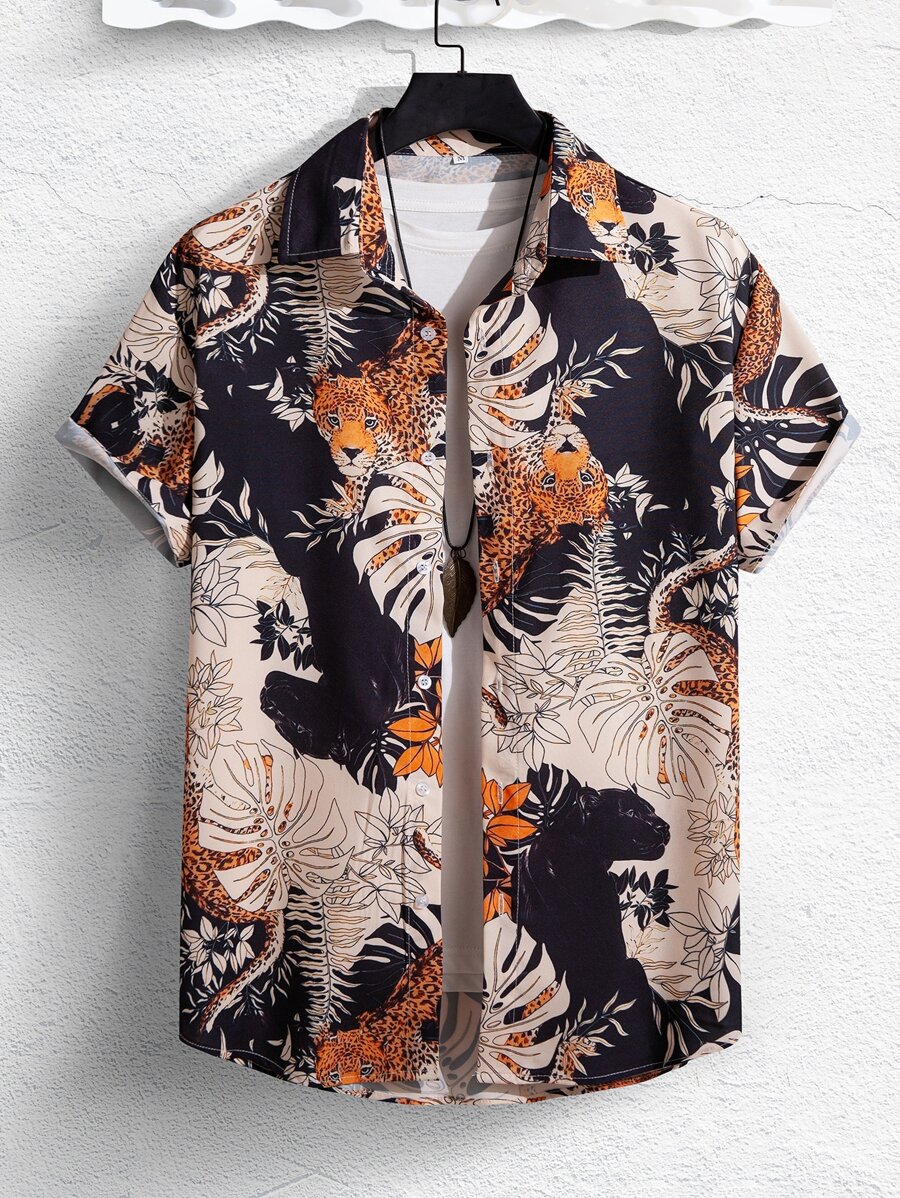 Manfinity RSRT Men Animal Tropical Print Shirt Without Tee, Short Sleeve Button Up Graphic Colorful Baggy Shirt, Boyfriend Gift - Multicolor - View 1
