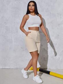 SHEIN SXY Quần đùi nữ Túi màu trơn Giải trí - Màu be - Xem 1