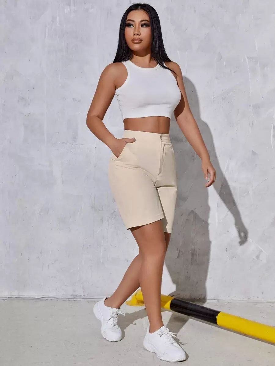 SHEIN SXY Quần đùi nữ Túi màu trơn Giải trí - Màu be - Xem 1