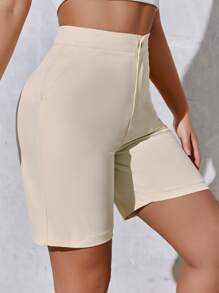 SHEIN SXY Quần đùi nữ Túi màu trơn Giải trí - Màu be - Xem 3