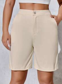 SHEIN SXY Quần đùi nữ Túi màu trơn Giải trí - Màu be - Xem 4