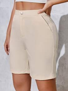 SHEIN SXY Quần đùi nữ Túi màu trơn Giải trí - Màu be - Xem 5