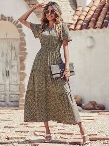 SHEIN VCAY Ditsy Floral Print Shirred Waist Ruffle Hem Dress - Multicolor - View 4