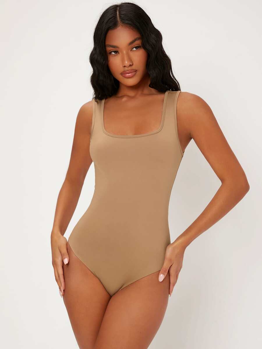 SHEIN BASICS Solid Wide Strap Bodysuit - Camel - View 1