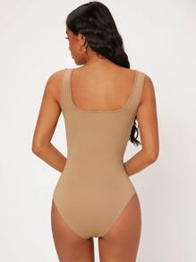SHEIN BASICS Solid Wide Strap Bodysuit - Camel - View 2