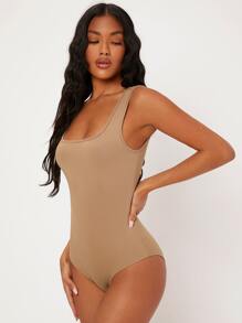 SHEIN BASICS Solid Wide Strap Bodysuit - Camel - View 4
