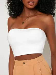 SHEIN BASICS Solid Crop Tube Top - White - View 4