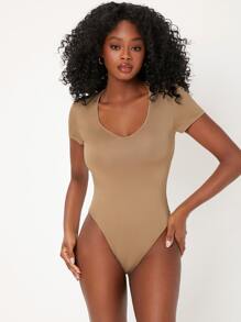 SHEIN BASICS Solid V-Neck Bodysuit - Khaki - View 3