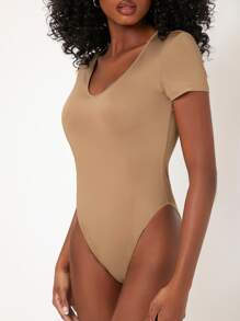SHEIN BASICS Solid V-Neck Bodysuit - Khaki - View 4