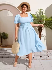 Plus Cut Out Shirred Tie Back Puff Sleeve Dress - Baby Blue - View 1