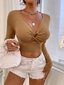 Heart Ring Linked Crop Tee - Khaki - View 4