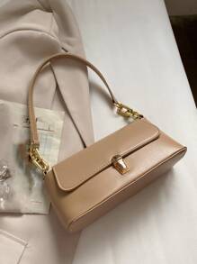 1 bolso de hombro de moda de PU con unicolor, diseño portátil y cierre con bloqueo - Caqui - Ver 5