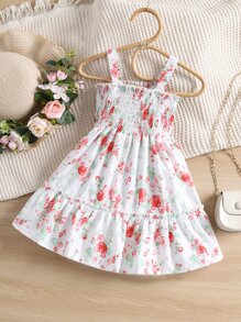 Baby Floral Shirred Ruffle Hem Cami Dress - White - View 1