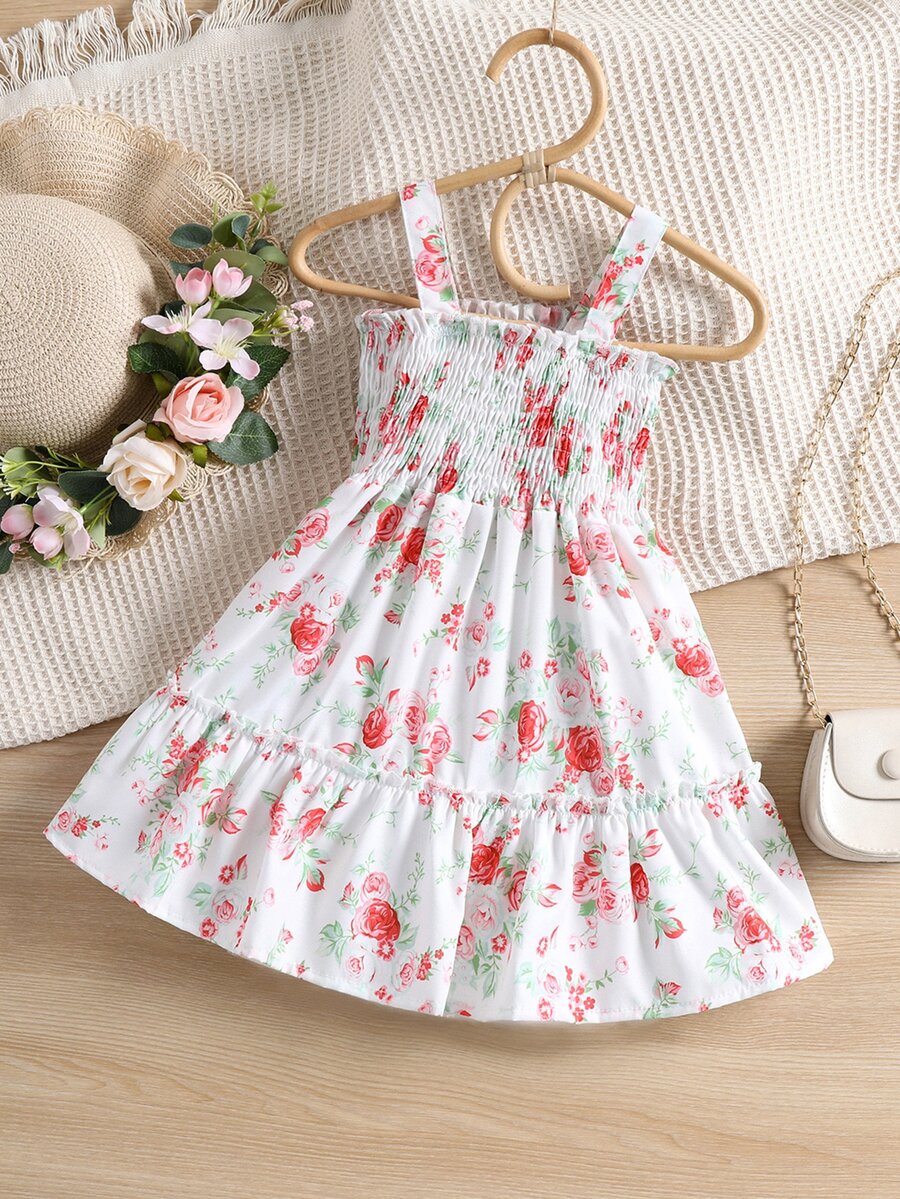 Baby Floral Shirred Ruffle Hem Cami Dress - White - View 1