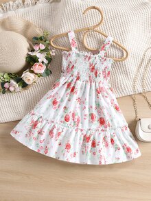 Baby Floral Shirred Ruffle Hem Cami Dress - White - View 2