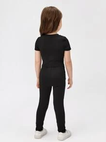 SHEIN Toddler Girls Solid Crop Top & Leggings - Black - View 2