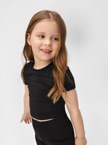 SHEIN Toddler Girls Solid Crop Top & Leggings - Black - View 3