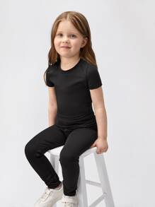 SHEIN Toddler Girls Solid Crop Top & Leggings - Black - View 4