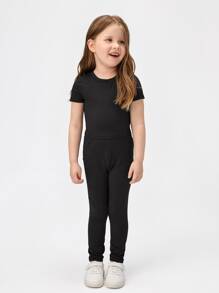 SHEIN Toddler Girls Solid Crop Top & Leggings - Black - View 5