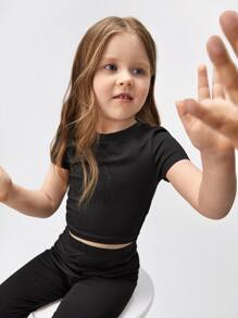 SHEIN Toddler Girls Solid Crop Top & Leggings - Black - View 6