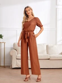 EMERY ROSE Áo liền quần nữ Thắt lưng Nút màu trơn Giải trí - Màu Cam cháy - Xem 4