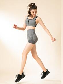 shelf bra soporte alto transpirable unido en contraste cremallera - Gris - Ver 4