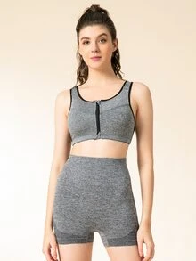 shelf bra soporte alto transpirable unido en contraste cremallera - Gris - Ver 6