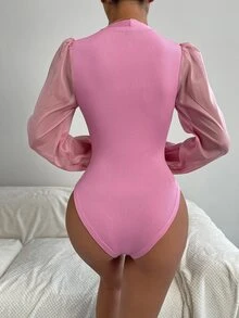 SHEIN Unity Contrast Mesh Puff Sleeve Bodysuit - Pink - View 2