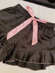 Conjunto de pijama top de tirantes unido en contraste con shorts ribete fruncido con goma de pelo con antifaz de ojo - Negro - Ver 4